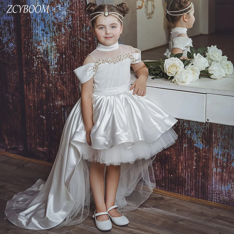 Top Trends: Lovely High-Neck Pearls Bow Off The Shoulder Flower Girl Dress For Wedding 2023 Ball Gown Little Princess First Communion Dress Shoppable Styles