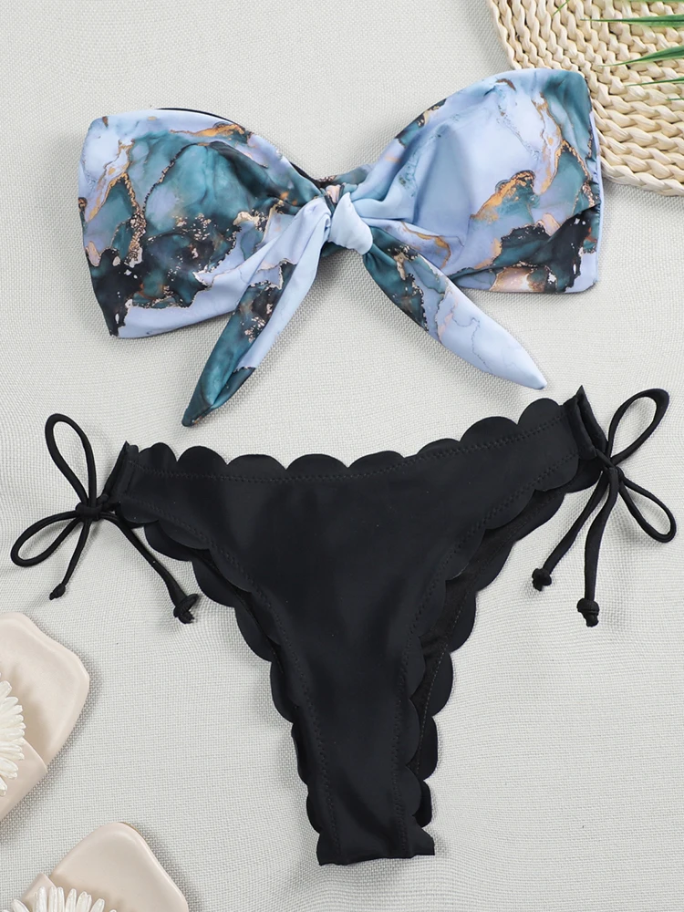 Top Trends: Sexy Scalloped Marble Print Bikini Women Bandeau Swimwear Female Swimsuit Two-pieces Bikini Set Knotted Bather Bathing Suit Swim Shoppable Styles