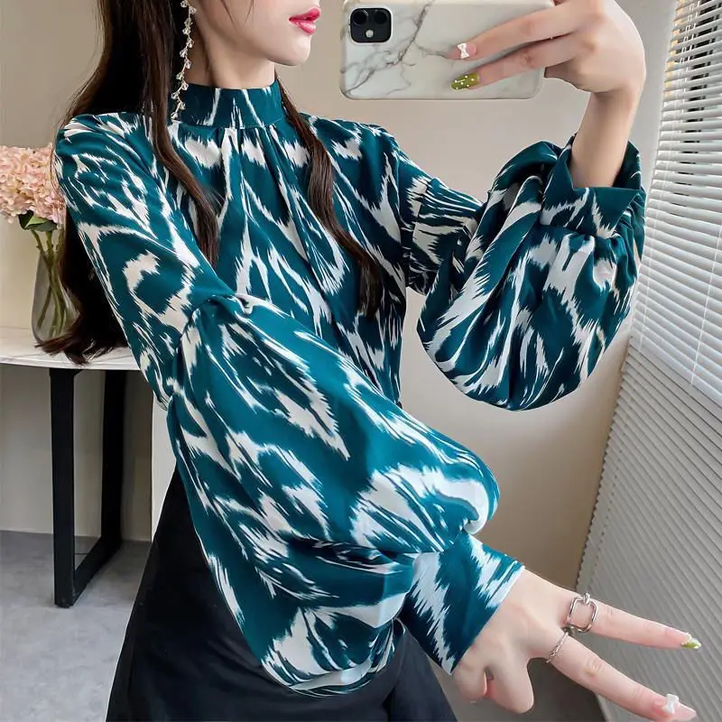 Top Trends: Elegant Stand Collar Lantern Sleeve Printed Loose Chiffon Shirt Plus Size Casual Spring Autumn Women's Clothing Commute Blouse Shoppable Styles