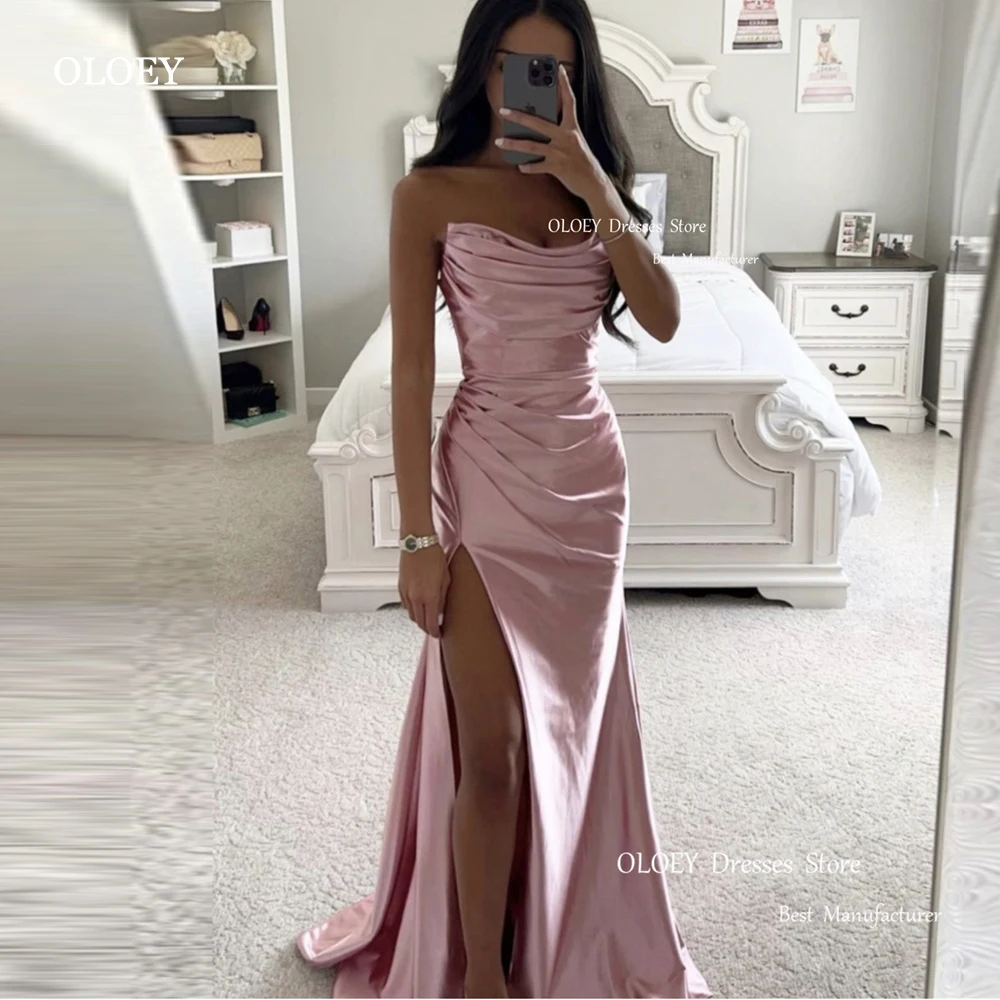 Top Trends: OLOEY Blush Pink Silk Long Party Evening Dresses Strapless Pleats Split Red Lavender Prom Gowns Sexy Formal Occasion Dress Shoppable Styles