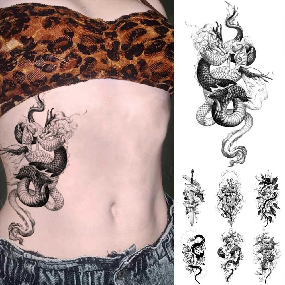 Top Trends: Dragon Transfer Waterproof Temporary Tattoo Sticker Black Snake Peony Rose Flowers Flash Tatto Arm Body Art Fake Tatoo Women Men Shoppable Styles