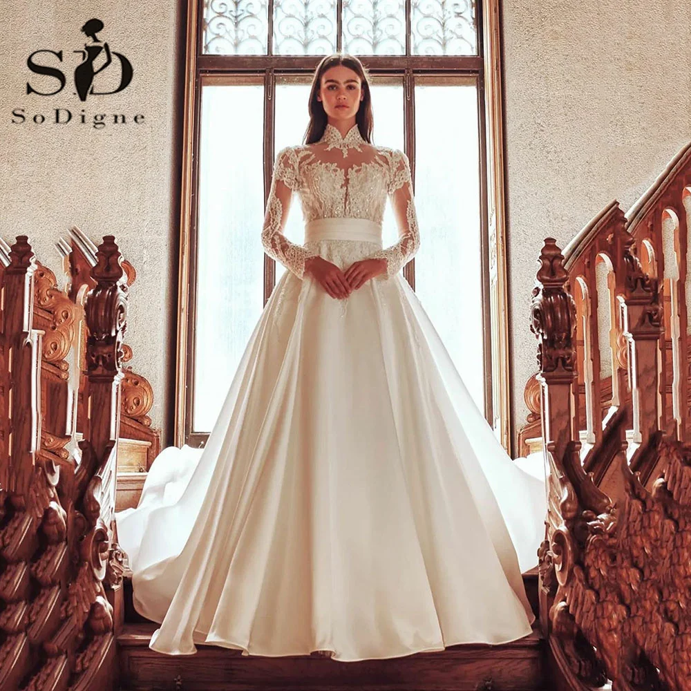 Top Trends: SoDigne Elegant Long Sleeves Wedding Dresses Dubai Lace Appliques High Neck Bridal Dresses A Line Satin Bride Gowns Plus Size Shoppable Styles