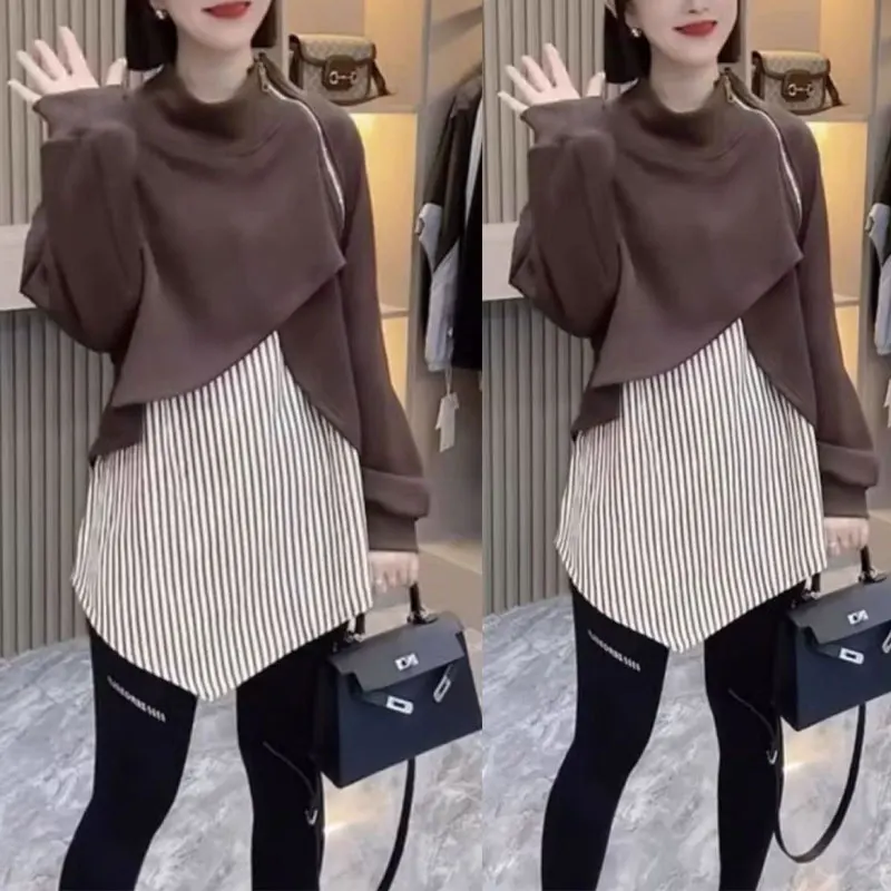 Top Trends: Commute Zipper Stand Collar Sweatshirts Korean Asymmetrical Autumn Winter Women's Clothing Two Piece Set Striped Loose Pullovers Shoppable Styles