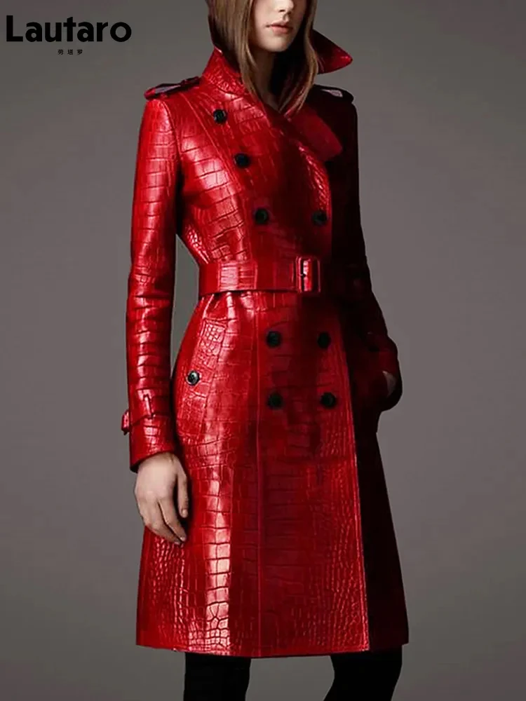 Top Trends: Lautaro Autumn Long Red Crocodile Print Leather Trench Coat For Women Belt Double Breasted Elegant British Style Fashion 2021 Shoppable Styles