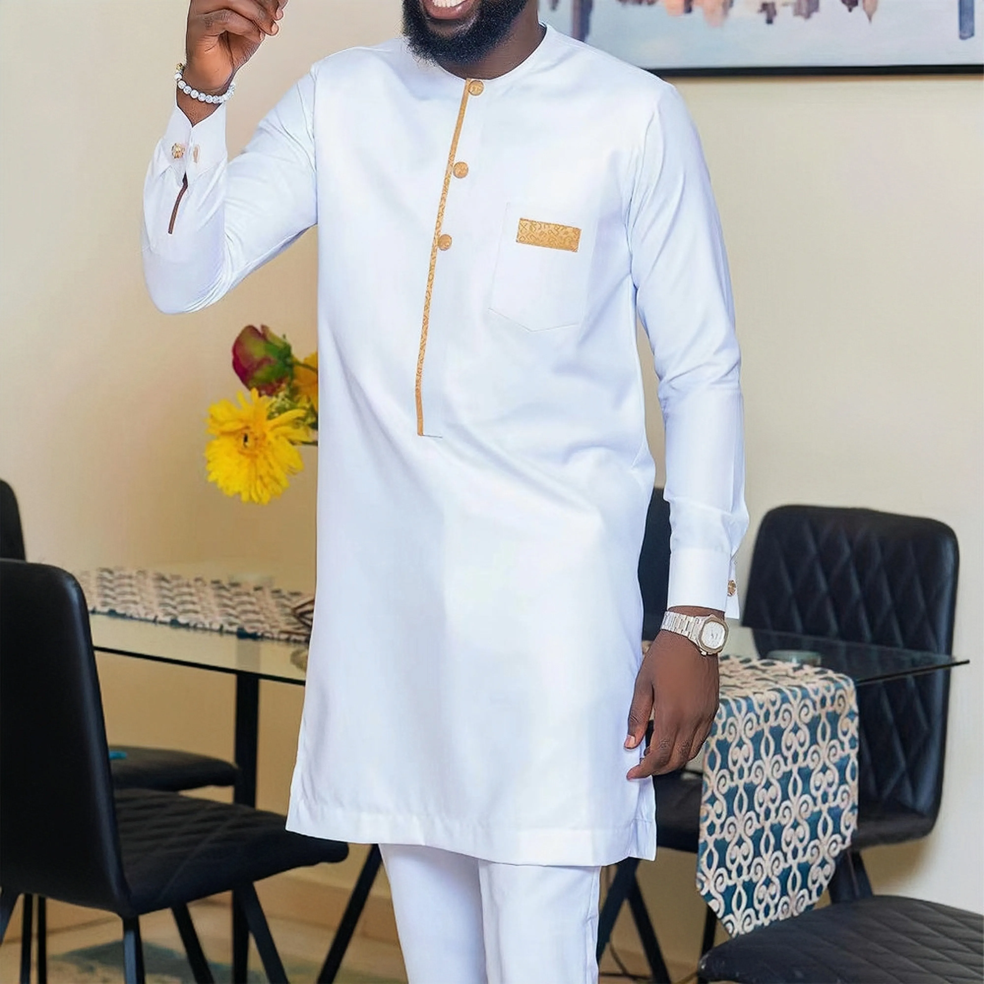 Top Trends: 2023 White Men Suit Set Wedding Luxury Solid Color Tops Pants With Pockets Kaftan Outfits 2piece Sets African Ethnic Casual Wear Shoppable Styles