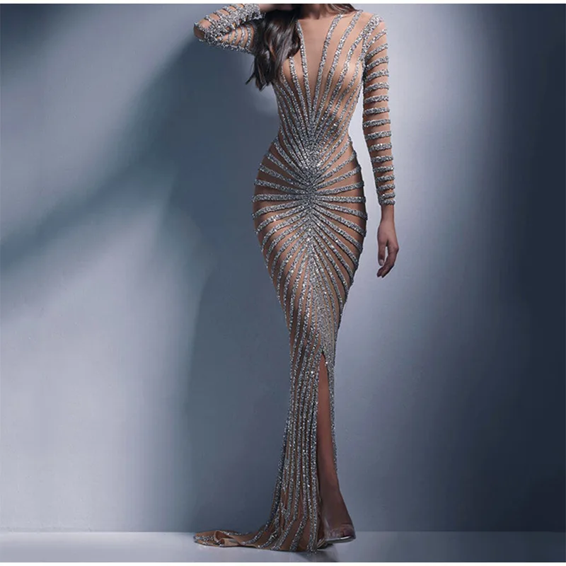 Top Trends: Women Sexy Mesh Sequins Split Fishtail Dresses Female V-Neck Long Sleeve Maxi Dress Summer Elegant Lady Party Evening Long Dress Shoppable Styles