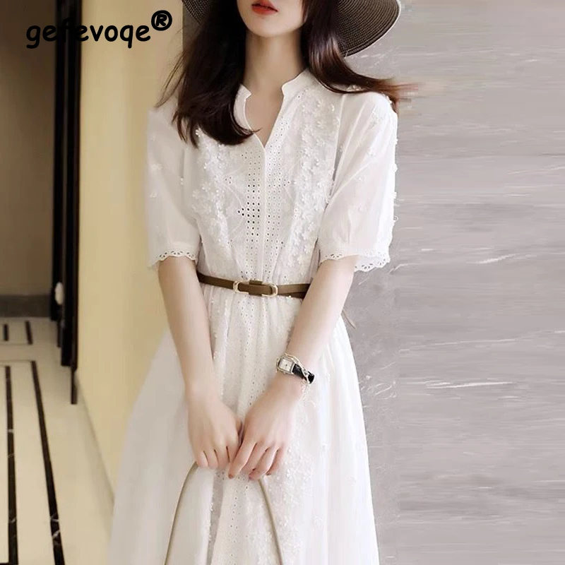 Top Trends: Summer Elegant Fashion White Embroidery Hollow Dress Ladies Short Sleeve Simple Casual Waist A-line Dresses Sweet Cotton Robe Shoppable Styles