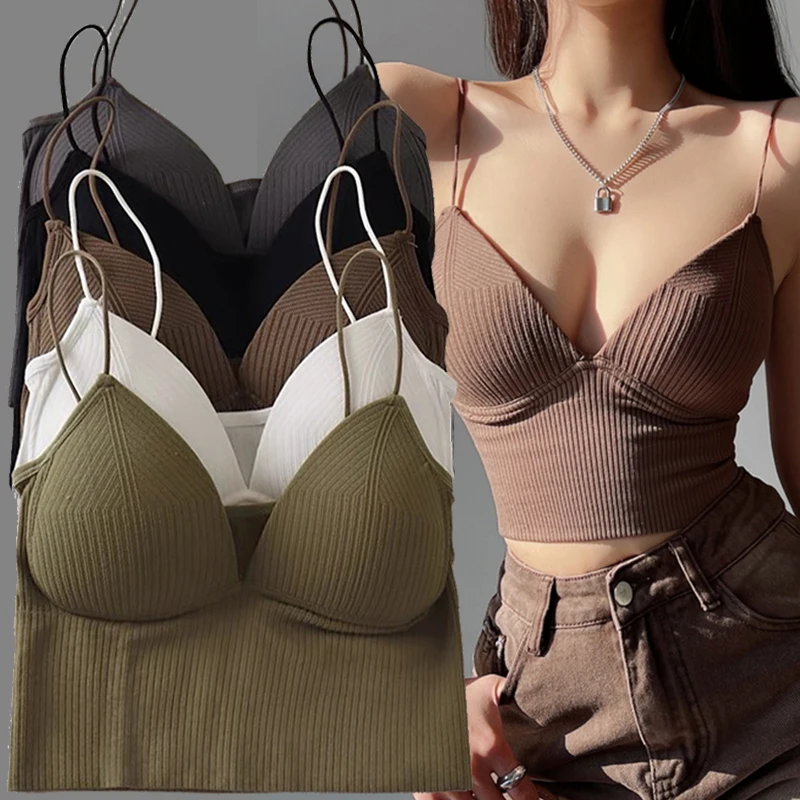 Top Trends: Ladies Crop Top Camisole Slim Fit Sexy Stretch Push Up Bra With Chest Pads Cropped Navel Short Tube Top V-Neck Tops Hot Sale Shoppable Styles