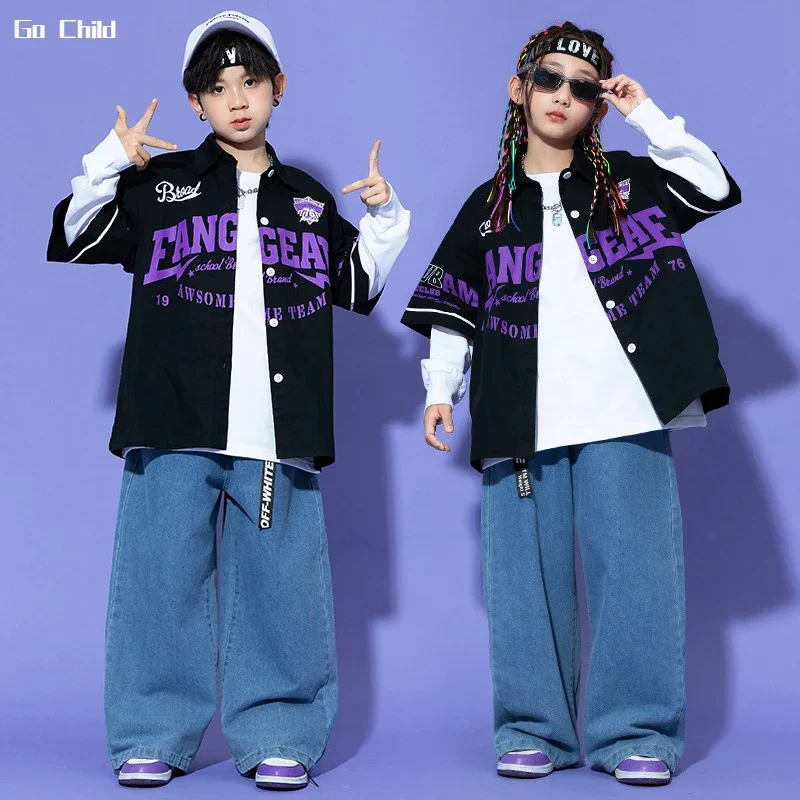 Top Trends: Boys Hip Hop Short Sleeve Shirt Baggy Jeans Girls Street Dance Jacket Loose Pants Clothes Set Kids Streetwear Child Jazz Costume Shoppable Styles