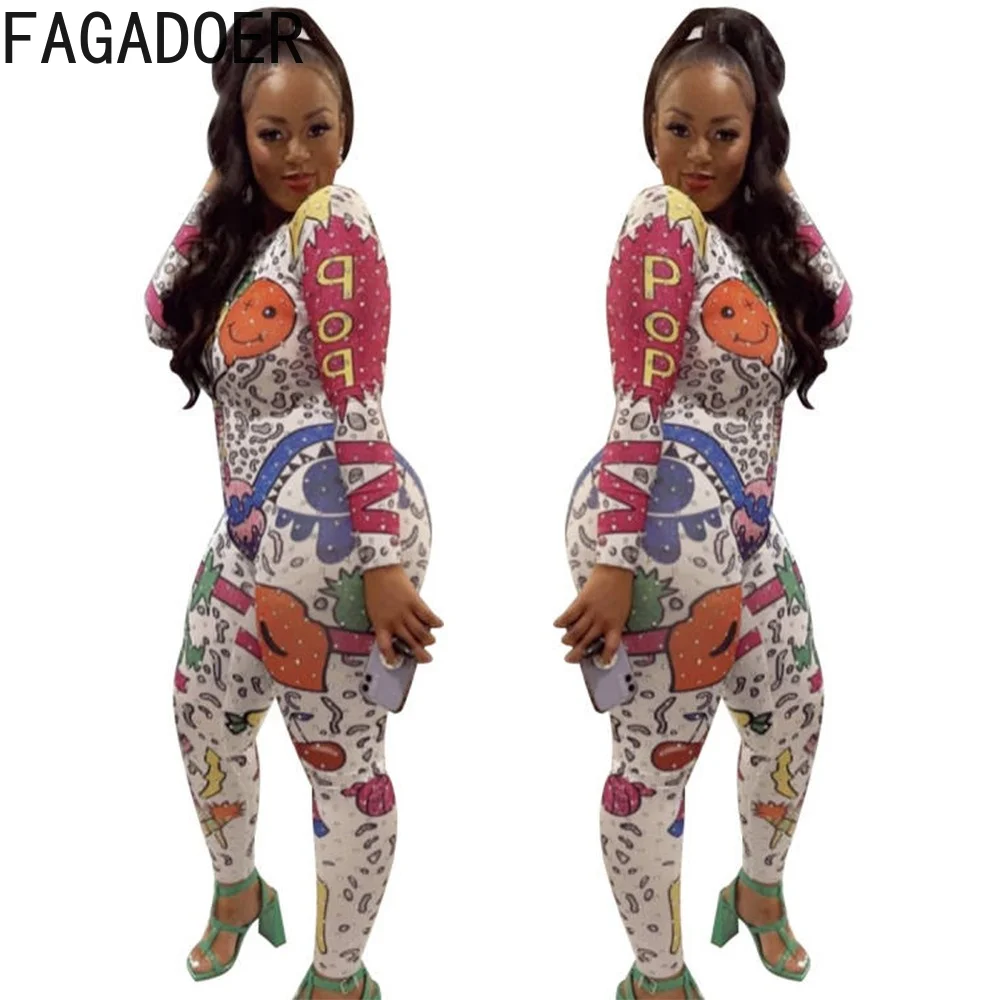 Top Trends: FAGADOER Fashion Graffiti Print Jumpsuits Women Round Neck Long Sleeve One Piece Playsuits Female Bodycon Streetwear White 2022 Shoppable Styles