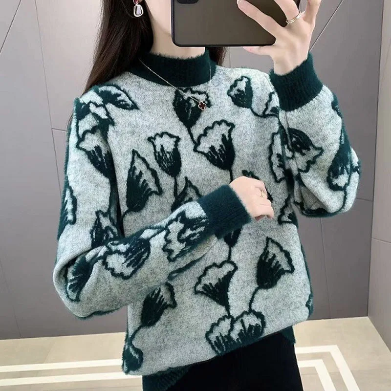 Top Trends: Autumn And Winter Fashion Hong Kong Style Half High Neck Westernized Butterfly Jacquard Imitation Mink Fleece Loose Sweater Shoppable Styles