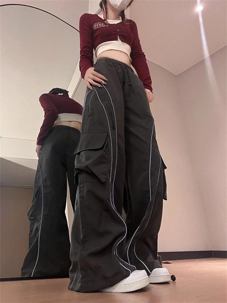 Top Trends: QWEEK Y2K Streetwear Black Cargo Pants Women Hip Hop Striped Oversized Track Pants American Retro Basic Wide Leg Sweatpants Shoppable Styles