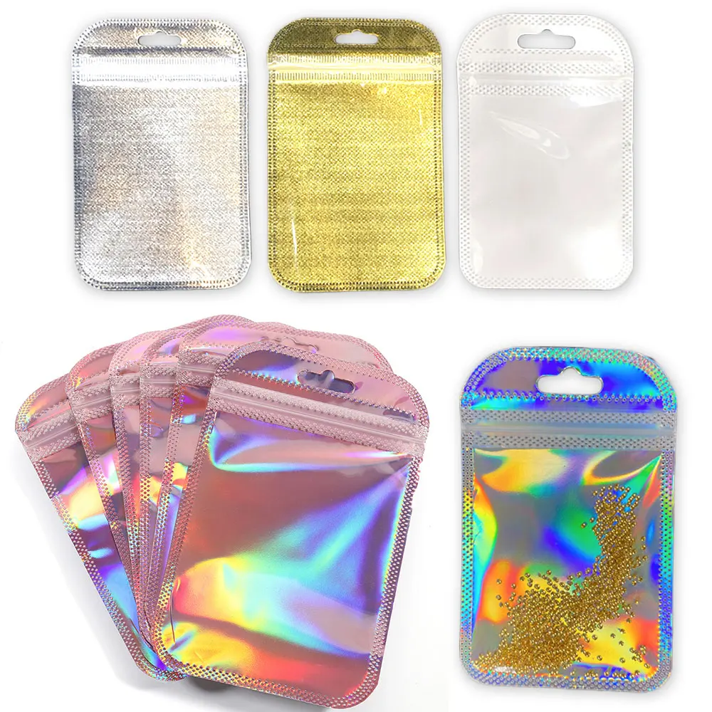 Top Trends: 50pcs Thicken Resealable Ziplock OPP Bags Laser Iridescent Bag Clear Storage Bag White Bag With Hang Hole For DIY Jewelry Making Shoppable Styles