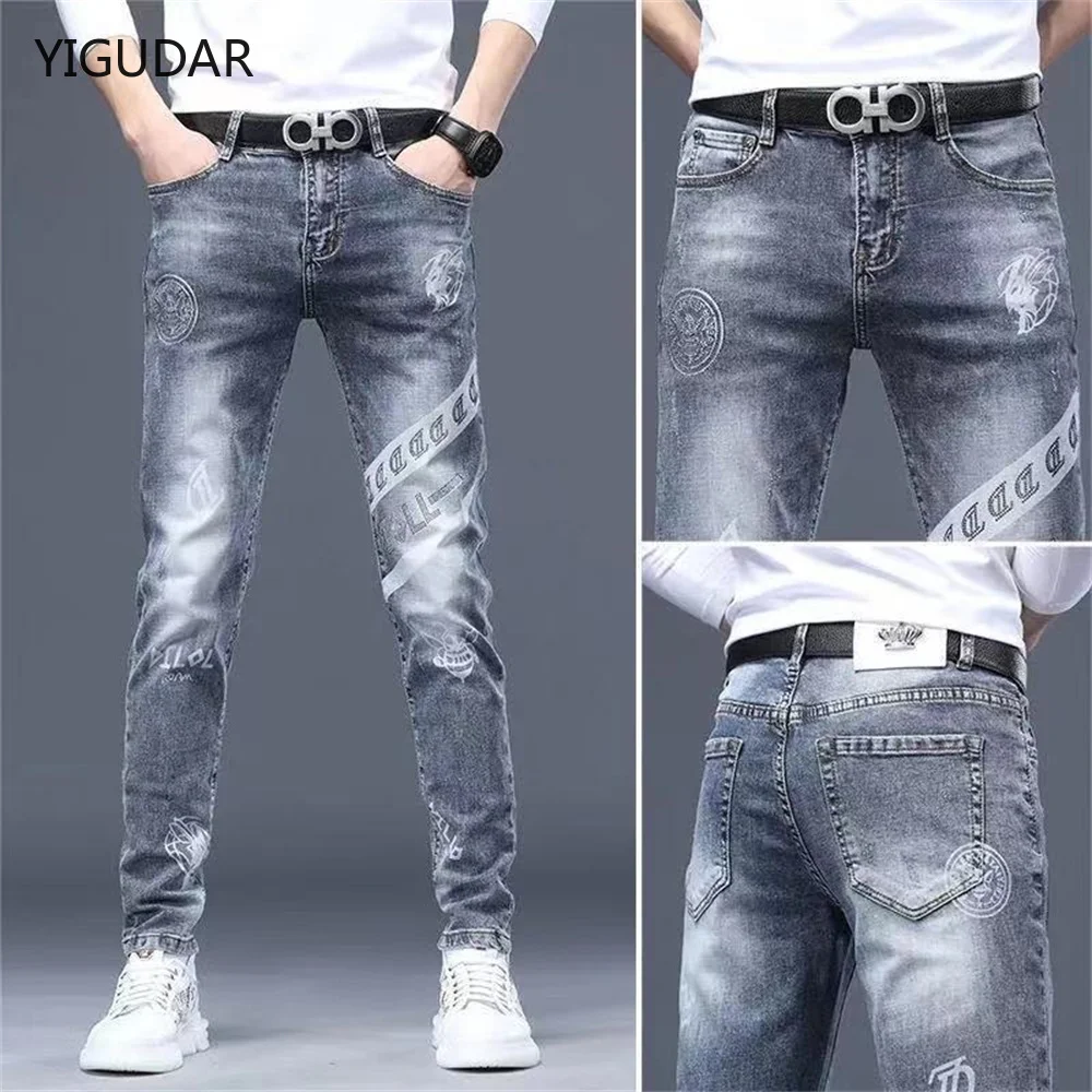 Top Trends: Mens Stretch Denim Print Pants Jeans Korea Slimming Trendy Casual Jeans All-match Light Luxury Men Jeans Pants For Men Shoppable Styles