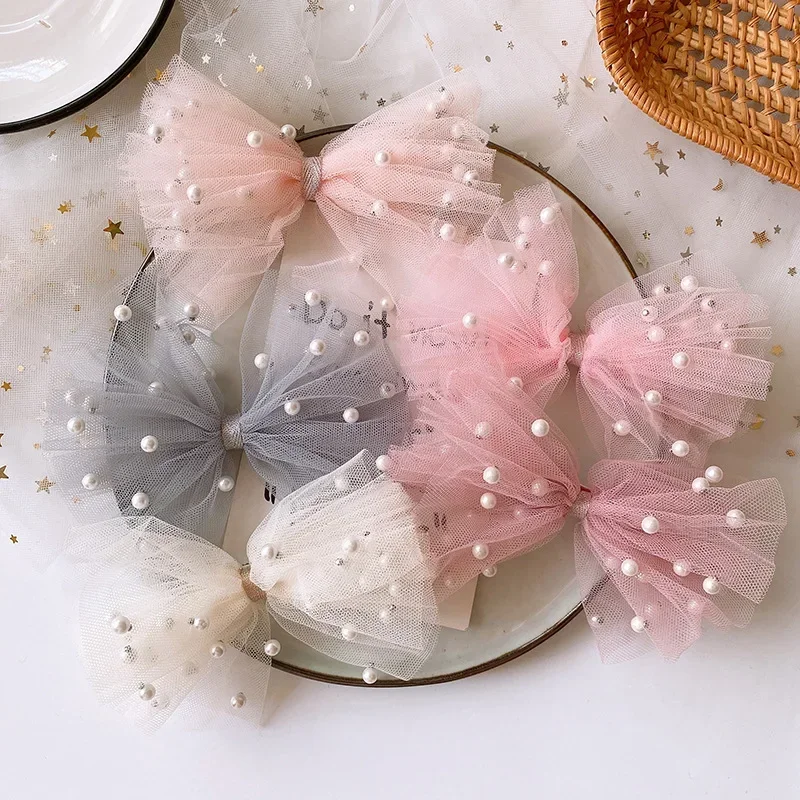 Top Trends: New Korean Sweet Girl Beautiful Colorful Imitation Pearl Yarn Bow Duckbill Clip Children Fashion Hairpins Hair Accessories Shoppable Styles