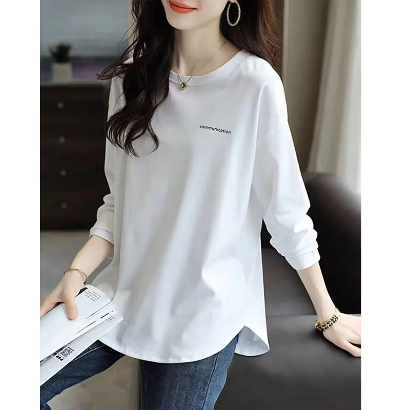 Top Trends: Fashion Printing Letter Thin Mid Length Version T-shirt Women Classic Long Sleeve O-collar Loose Casual All-match Lady Top Shoppable Styles