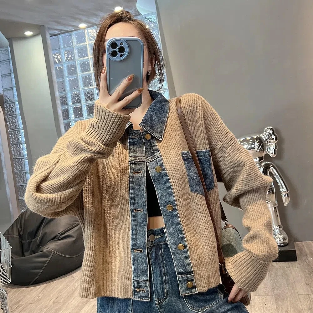 Top Trends: Women Vintage Denim Patchwork Sweater Cardigan Korea Fashion Harajuku Short Knitted Jacket Single Breasted Long Sleeve Knitwear Shoppable Styles - Image 2