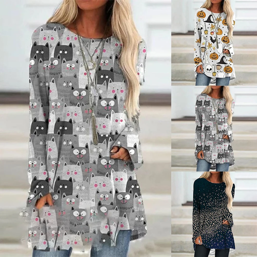 Top Trends: Fashion Women'S T-Shirt Cat Print Long Sleeve Top Loose Clothing High Quality Plus Size Women'S T-Shirt Round Neck Jumper Shoppable Styles