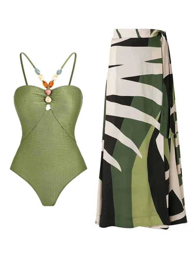 Top Trends: Green Fashion Necklace Embellished Bodysuit One Piece Shoulder Strap Long Cover Leaf Print Vacation Casual Seaside Beach Summer Shoppable Styles