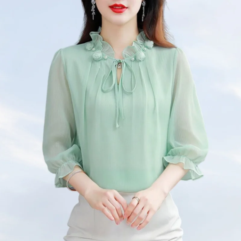 Top Trends: Fashion Elegant Solid Color Chiffon Shirt For Female Summer Simplicity Commute Lace Up Spliced 3 / 4 Sleeve Blouse Womens Clothing Shoppable Styles