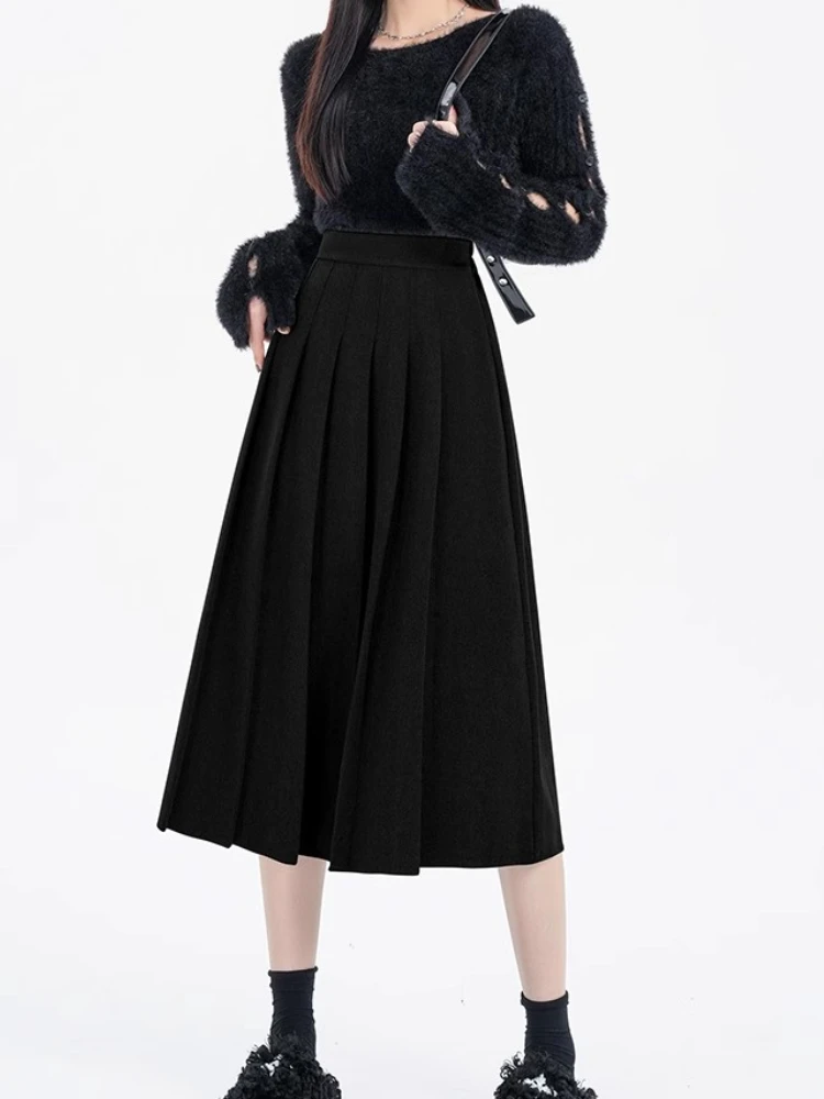 Top Trends: HOUZHOU Winter Long Skirt Women Preppy Style Elastic Waist A-line Slim Korea Dongdaemun 2023 Fashion Pleated Woolen School Skirt Shoppable Styles