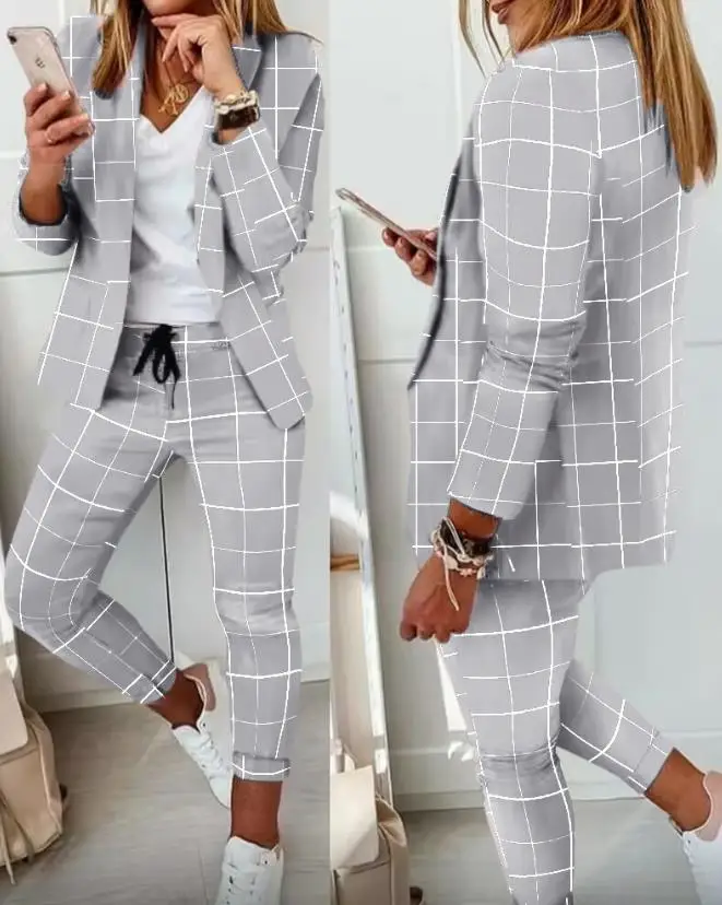 Top Trends: Two Piece Set Women Outfit 2023 Fashion New Plaid Print Long Sleeve Elegant Blazer Coats & Drawstring Office Layd Work Pants Set Shoppable Styles