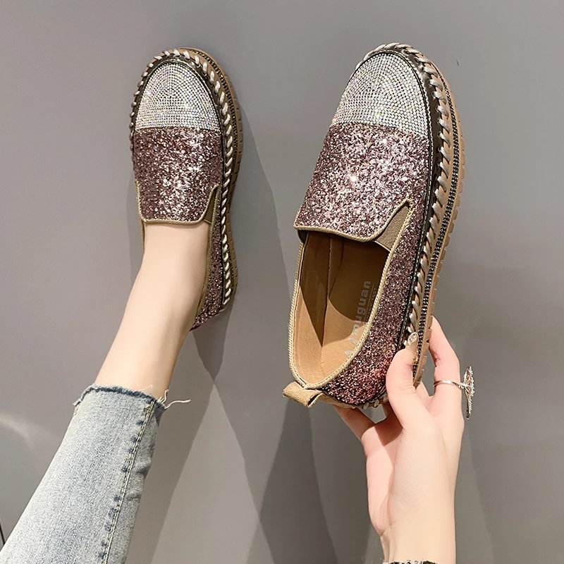 Top Trends: Women Shining Rhinestone Flats Loafers Slip-on Thick Botton Casual Woman Crystal Shoes Female Fashion Sneakers Sports Running Shoppable Styles - Image 5