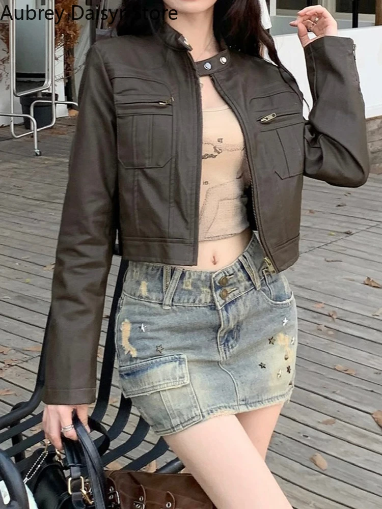 Top Trends: Vintage Cropped Leather Jacket Women Korean Streetwear Biker Zipper Leather Jacket Winter High Street Stand Collar Leather Coat Shoppable Styles