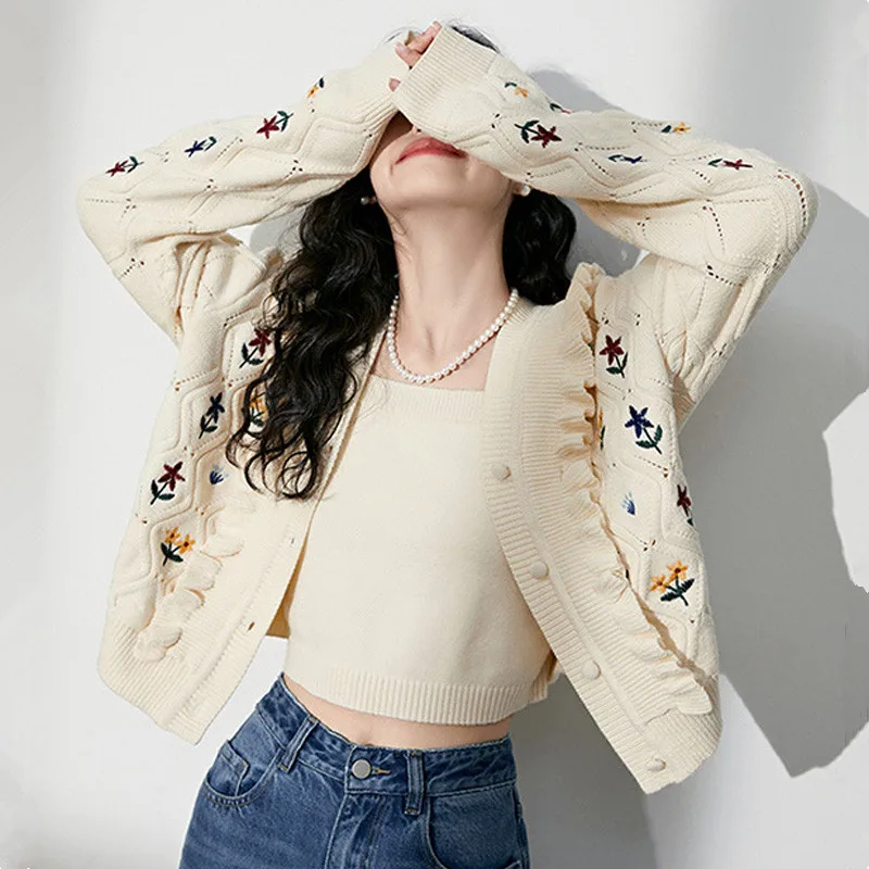 Top Trends: Vintage Floral Embroidered Ruffle Cardigan Sweater Women Fashion Spring And Autumn Casual Knitted Tops For Female Shoppable Styles