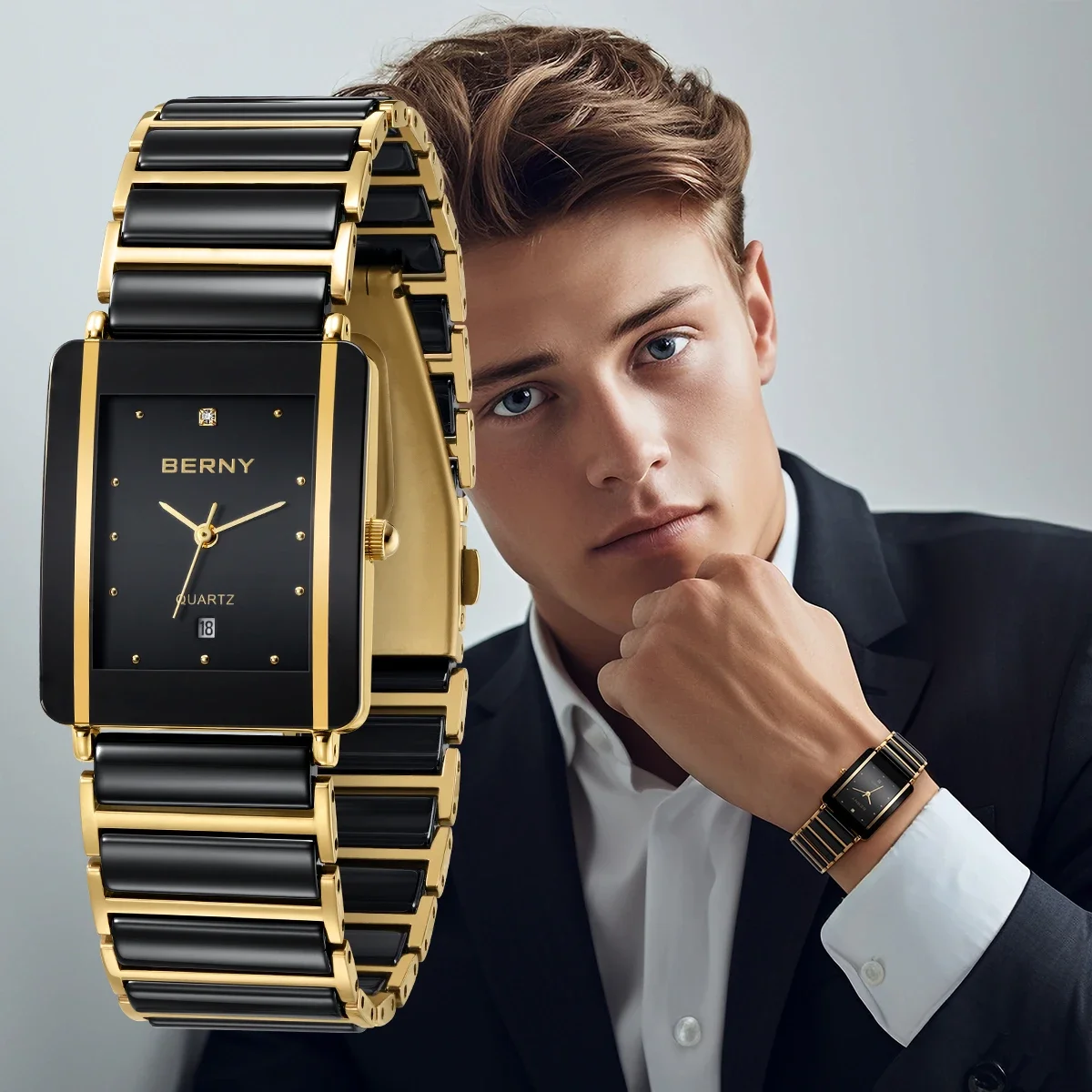 Top Trends: Ceramic Men Quartz Watch BERNY XV12 Top Brand Luxury Stainless Steel Rectangle Wristwatch Waterproof Calendar Gold Watch For Man Shoppable Styles