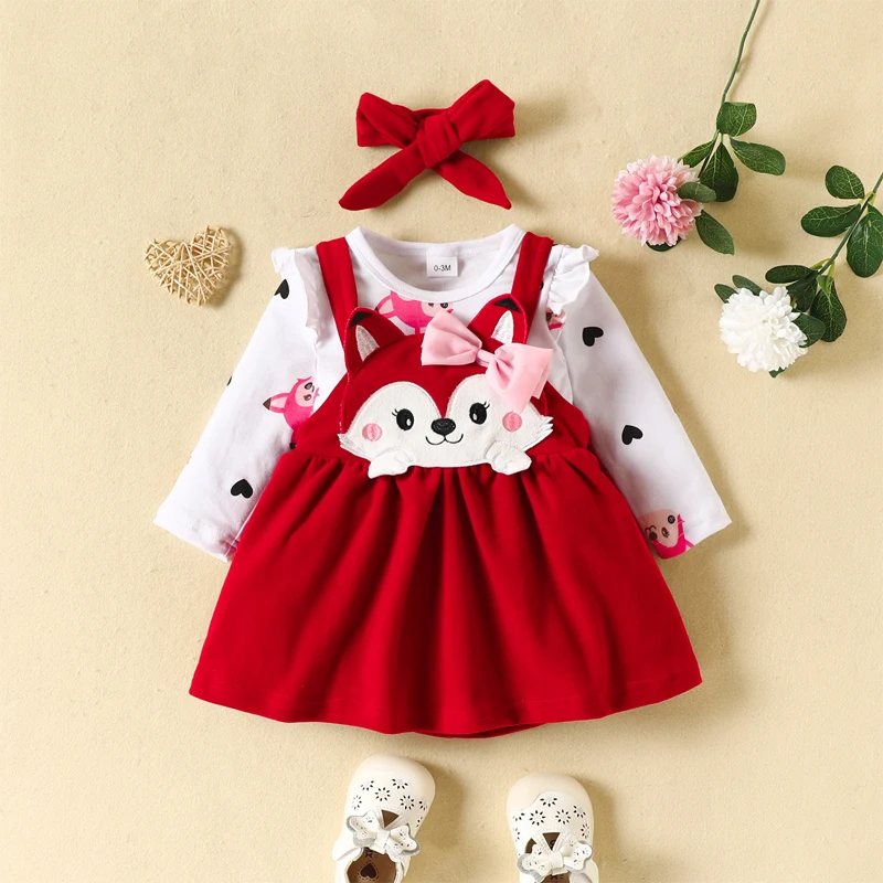 Top Trends: Newborn Baby Set Girl Clothing Printed Long Sleeve Bodysuit Tops Cartoon Fox Bow Dress 0-18 Months Autumn Winter Infant Outfits Shoppable Styles - Image 4