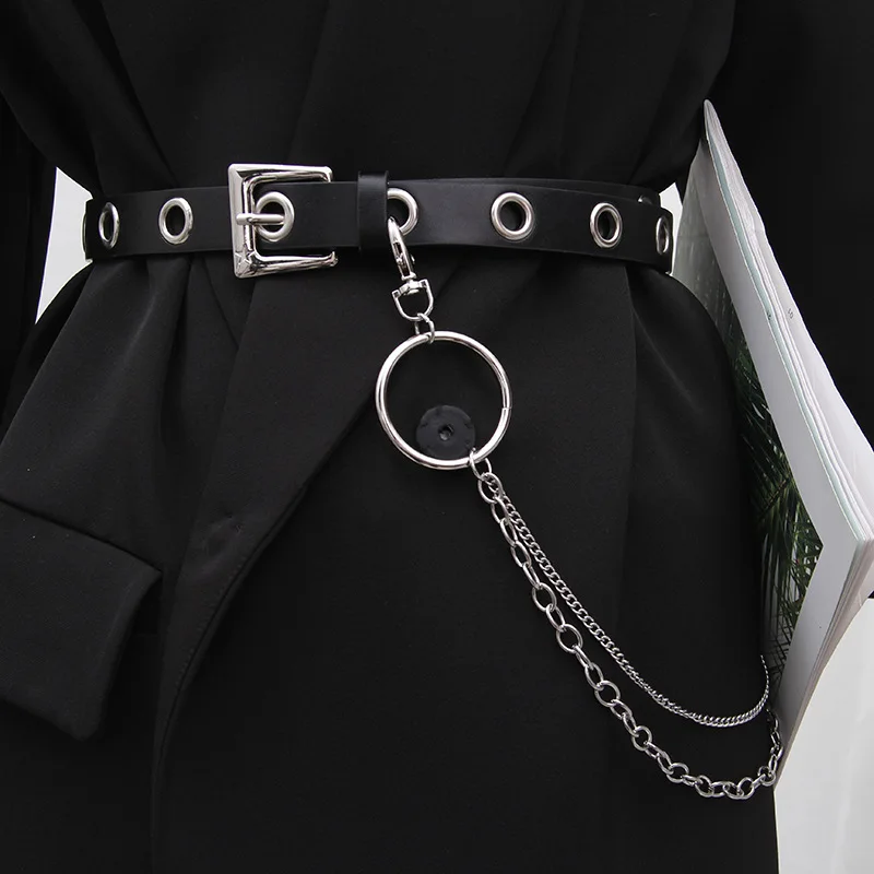 Top Trends: Women Belt PU Leather Pin Buckle Punk Belt Fashion Full Hole Wait Band With Metal Chain Grommet Belts For Jeans Overcoat Shoppable Styles