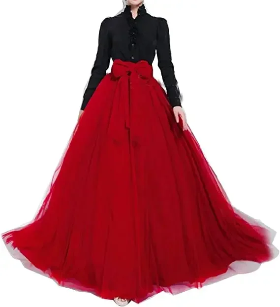 Top Trends: Women Long Skirts High Waisted Puffy A Line Tulle Skirt Wedding Bridesmaid Skirt With Bowknot Belt Faldas Saias Femininas Jupe Shoppable Styles