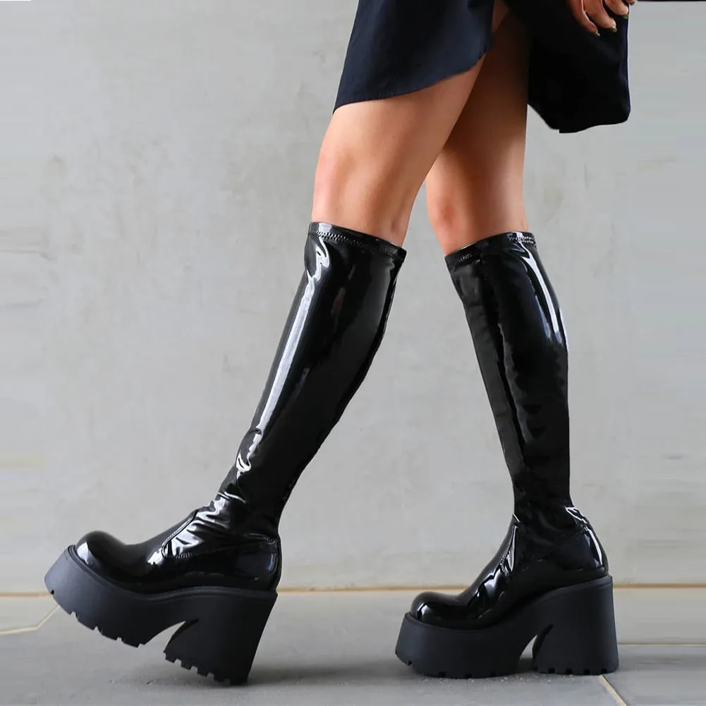 Top Trends: GIGIFOX New Punk Gothic Style Knee High Boots For Women Platform High Heels Slip On Black Casual Round Toe Stretch Boots Shoes Shoppable Styles