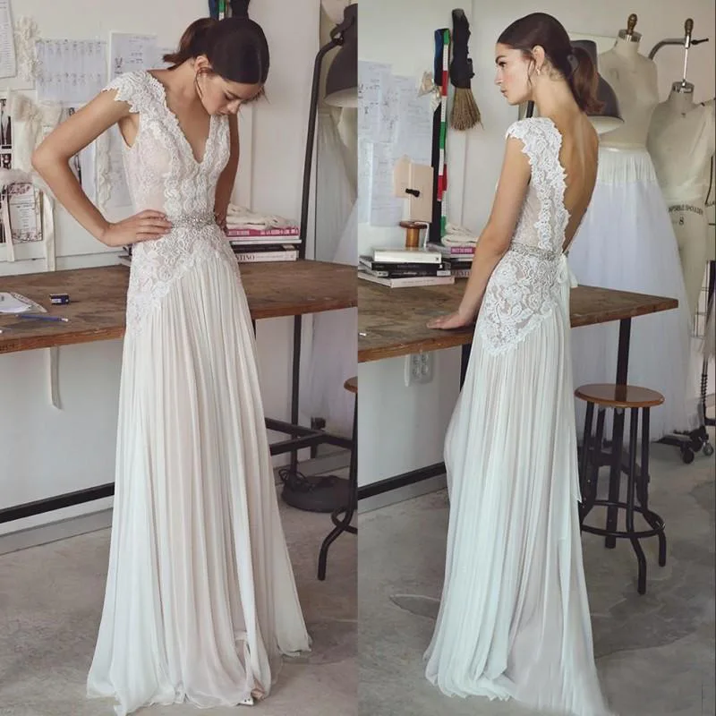 Top Trends: Boho A-line Wedding Dresss Lace Appliques Deep V Neck Bohemian Sleeveless Vestido De Novia Backless Bridal Gown Sweep Train Shoppable Styles