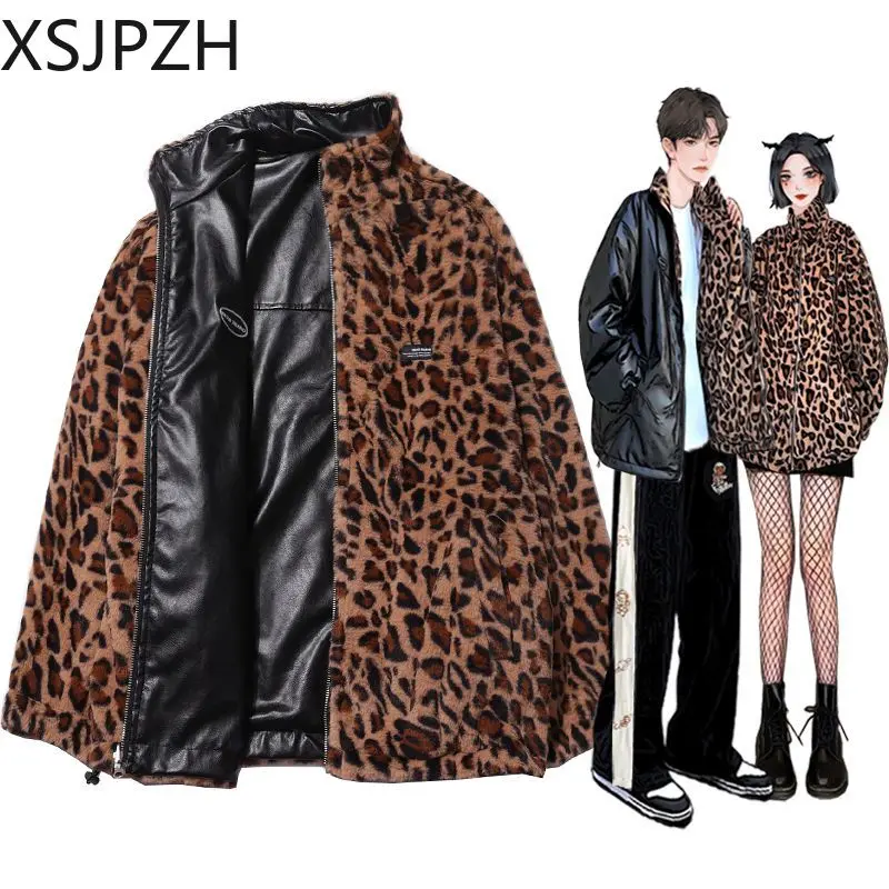 Top Trends: Xsjpzh-Leopard-print Reversible Coat For Men And Women, Couple PU Leather Jacket, Stand Collar, Loose Jacket, Winter Trend, 2023 Shoppable Styles