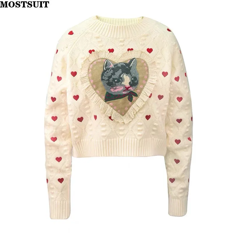 Top Trends: Cat Heart Jacquard Knit Sweater Pullover Women 2024 Spring Long Sleeve O-neck Tops Knitwear Stylish Fashion Chic Ladies Jumpers Shoppable Styles