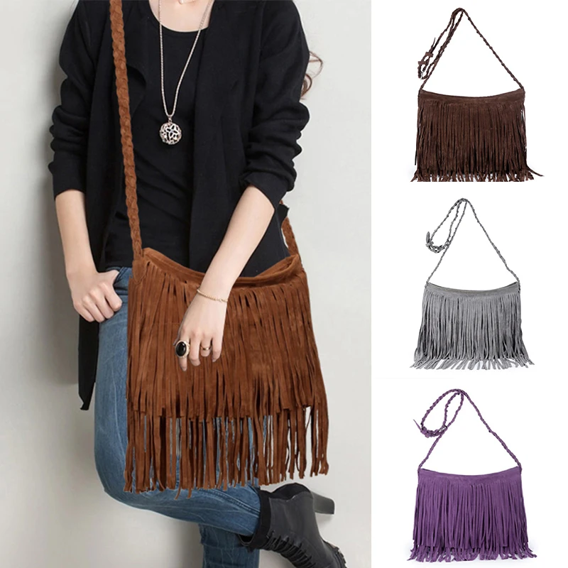 Top Trends: 2023 New Women's Fringed Leather Shoulder Bag With Knitting Strap Soft Ethnic Style PU Messenger Bag Solid Color Tassels Handbag Shoppable Styles