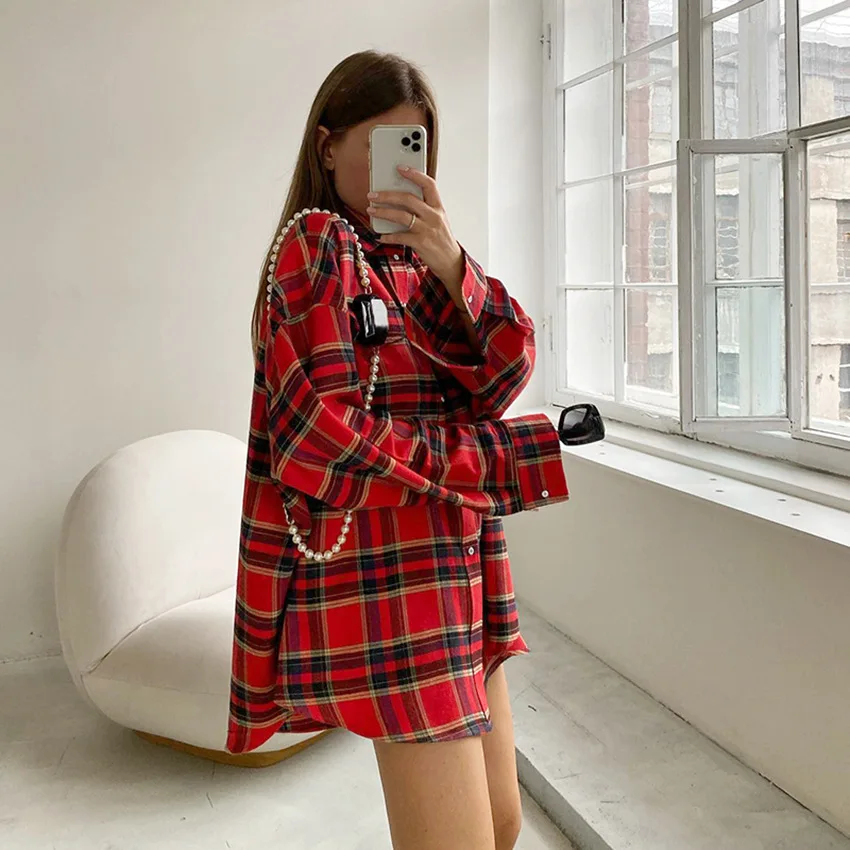 Top Trends: FSMG-Versatile Plaid Shirt For Women, Red Bright Grid, Oversized Blouse, Leisure And Fashionable Top, Spring And Autumn Seasons Shoppable Styles