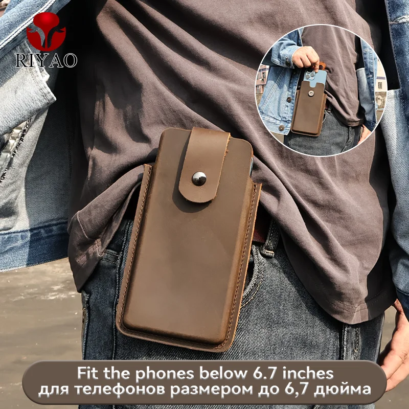 Top Trends: RIYAO Mobile Phone Waist Bag 6-7.3 Inch Phone Holster Case Genuine Leather Cell Phone Belt Clip Pouch For IPhone 15 Samsung Man Shoppable Styles