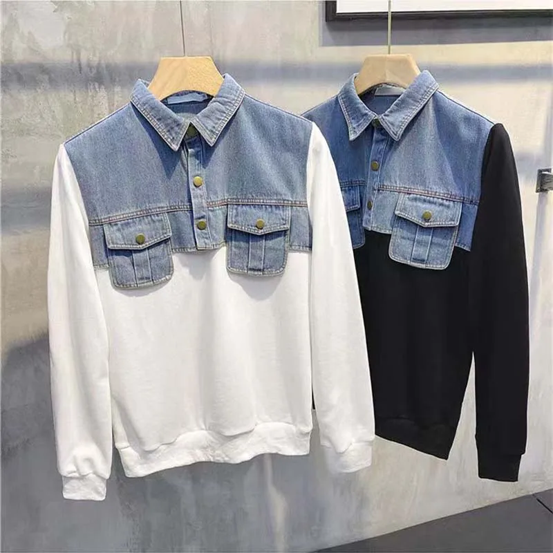 Top Trends: 2021 Korean Version Of The Trend Shirt Lead Two Pieces Of Sweater Men's Autumn Tide Cards Stitching Cowboy Handsome Shoppable Styles