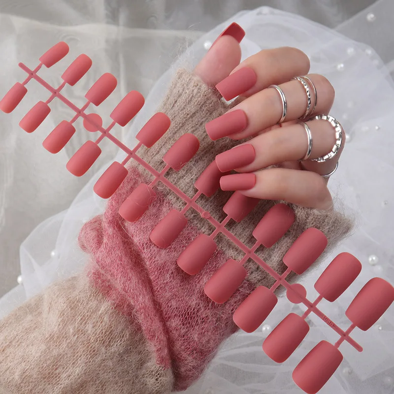 Top Trends: 24Pcs / Set Matte False Nails Glue Square Head Frosted Press On Fake Nail Tips Full Cover Artificial Fingernails Ballet Detachable Shoppable Styles