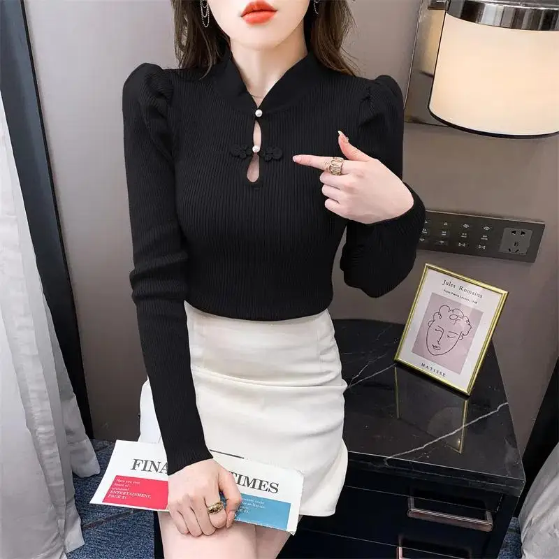 Top Trends: 2023 New Autumn And Winter Fashion Half High Collar Button Knitted Bubble Sleeve Temperament Commuter Slim Fit Women&#039;s Sweater Shoppable Styles