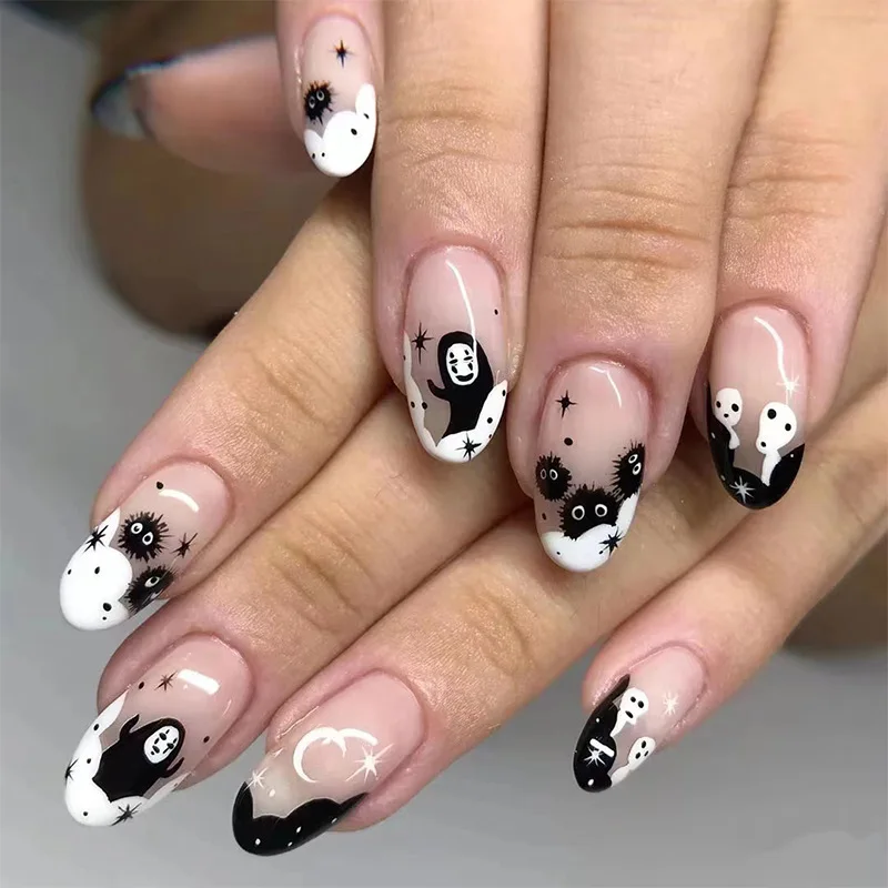 Top Trends: Halloween Press On Fake Nail Set Art Black French Tip Full Cover Coffin Acrylic Short Press-on Pressure False Nails Tips 24pcs Shoppable Styles