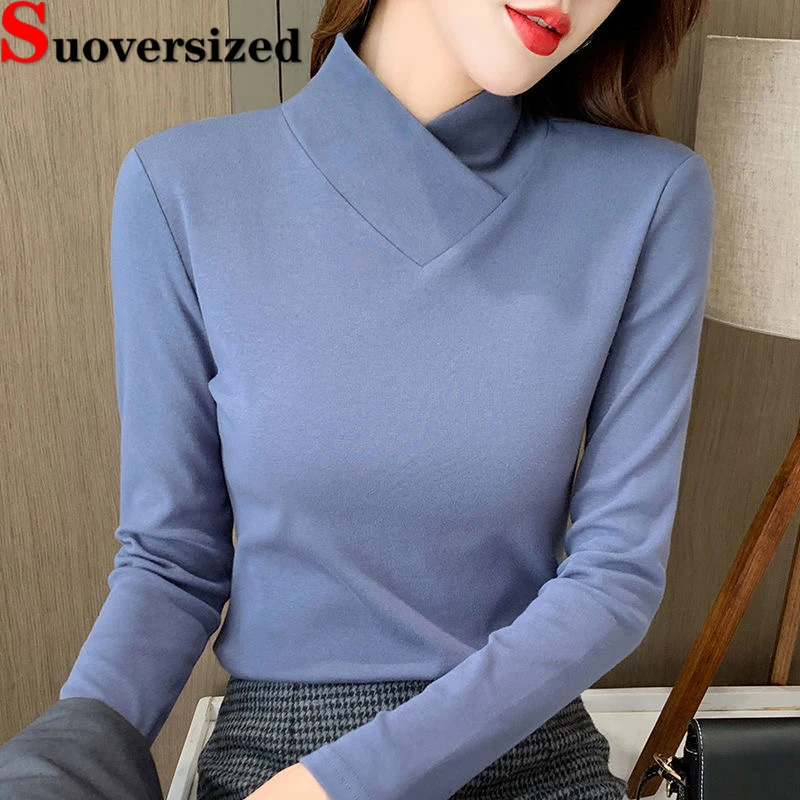 Top Trends: Oversized 4xl Mock Neck Flocking T-shirts Casual Basic Bottomed Tees Fall Winter Women T Shirt Solid Color Slim Long Sleeve Tops Shoppable Styles