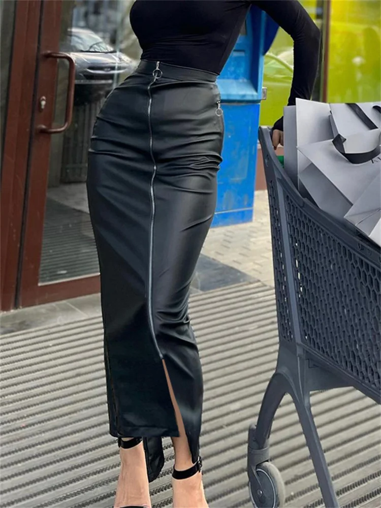 Top Trends: Tossy Black Slim PU Long Skirt Women High Waist Fashion Zipper Split Patchwork Maxi Skirt Sexy High Street Female Y2k Long Skirt Shoppable Styles