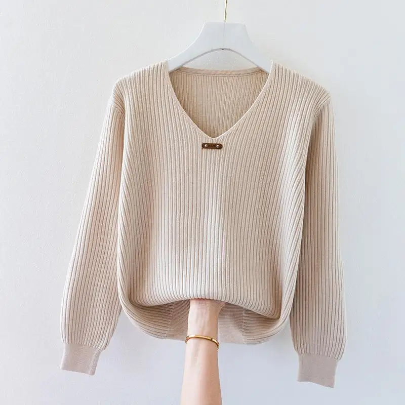 Top Trends: Fashion Women Long Sleeve Knitted Sweaters Spring Autumn New Solid Slim V-Neck Korean Basic Casual Bottoming Pullovers Tops 2022 Shoppable Styles