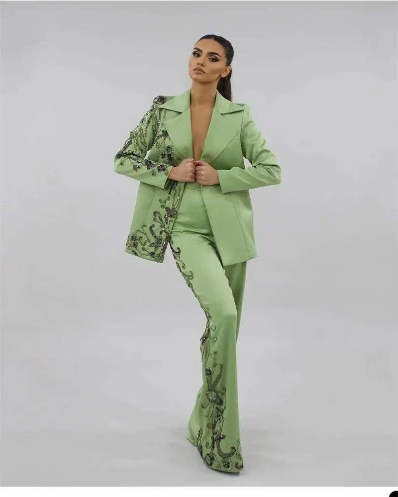 Top Trends: Designer Green Women Suits Set Luxury Beads Appliques Formal Wedding Evening Party Prom Dress 2 Pieces Blazer+ Pants Custom Made Shoppable Styles - Image 2