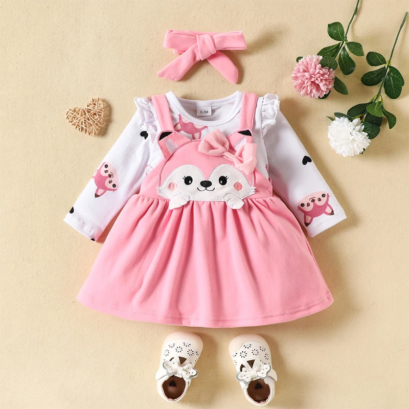 Top Trends: Newborn Baby Set Girl Clothing Printed Long Sleeve Bodysuit Tops Cartoon Fox Bow Dress 0-18 Months Autumn Winter Infant Outfits Shoppable Styles - Image 5