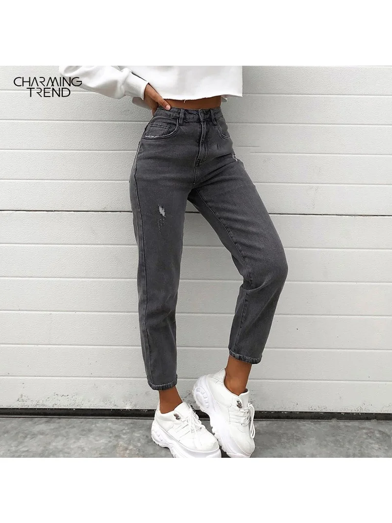 Top Trends: Tight Elastic Jeans Women Feet Pants Nine Pants Distressed 2022 Autumn Winter Vintage High Waist Denim Trousers Women Gray Shoppable Styles